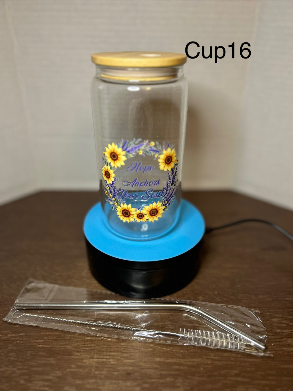 16 oz Glass Tumbler with a bamboo lid featuring a Beautiful Design, comes with metal straw and cleaning brush