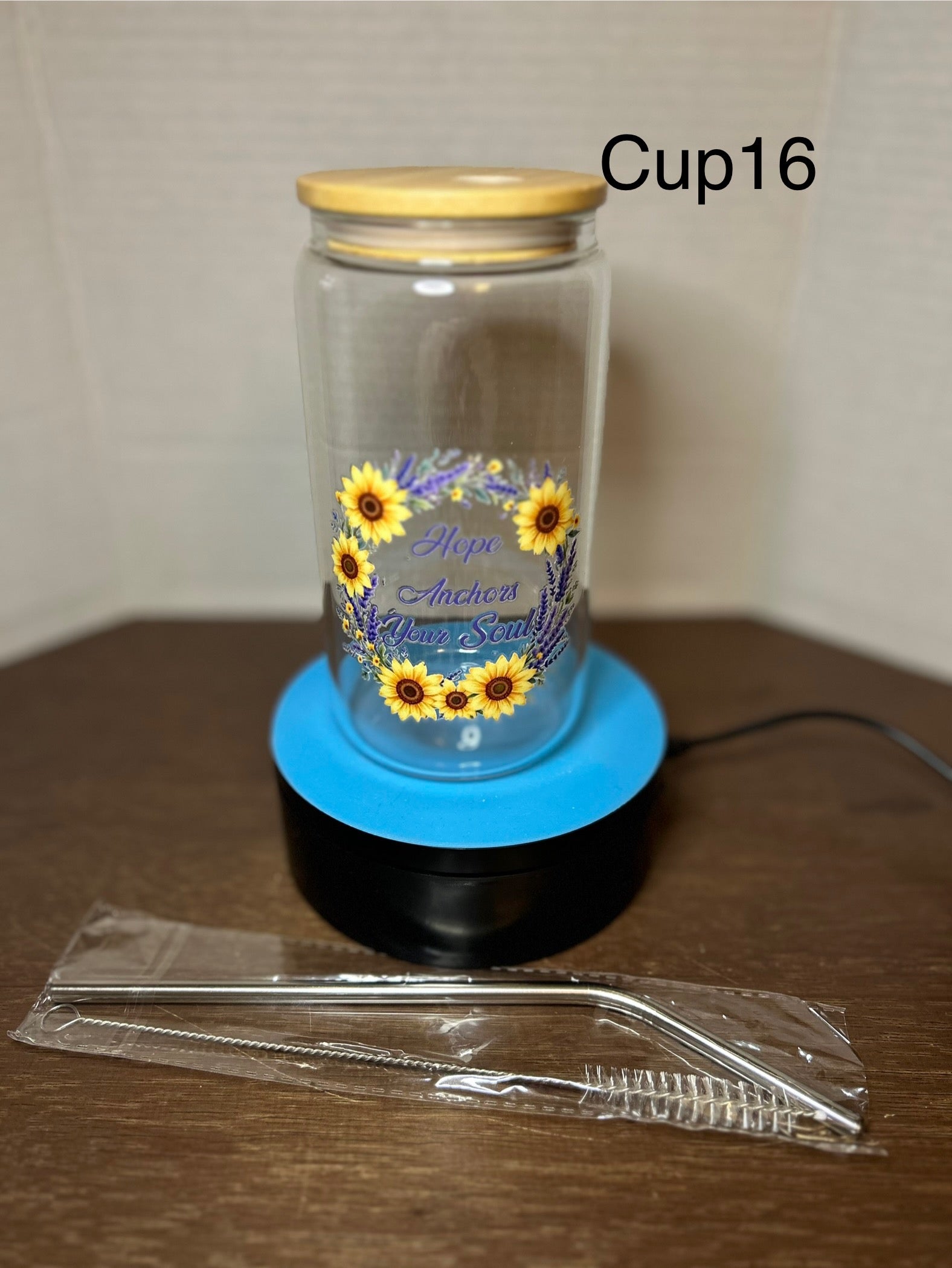 16 oz Glass Tumbler with a bamboo lid featuring a Beautiful Design, comes with metal straw and cleaning brush