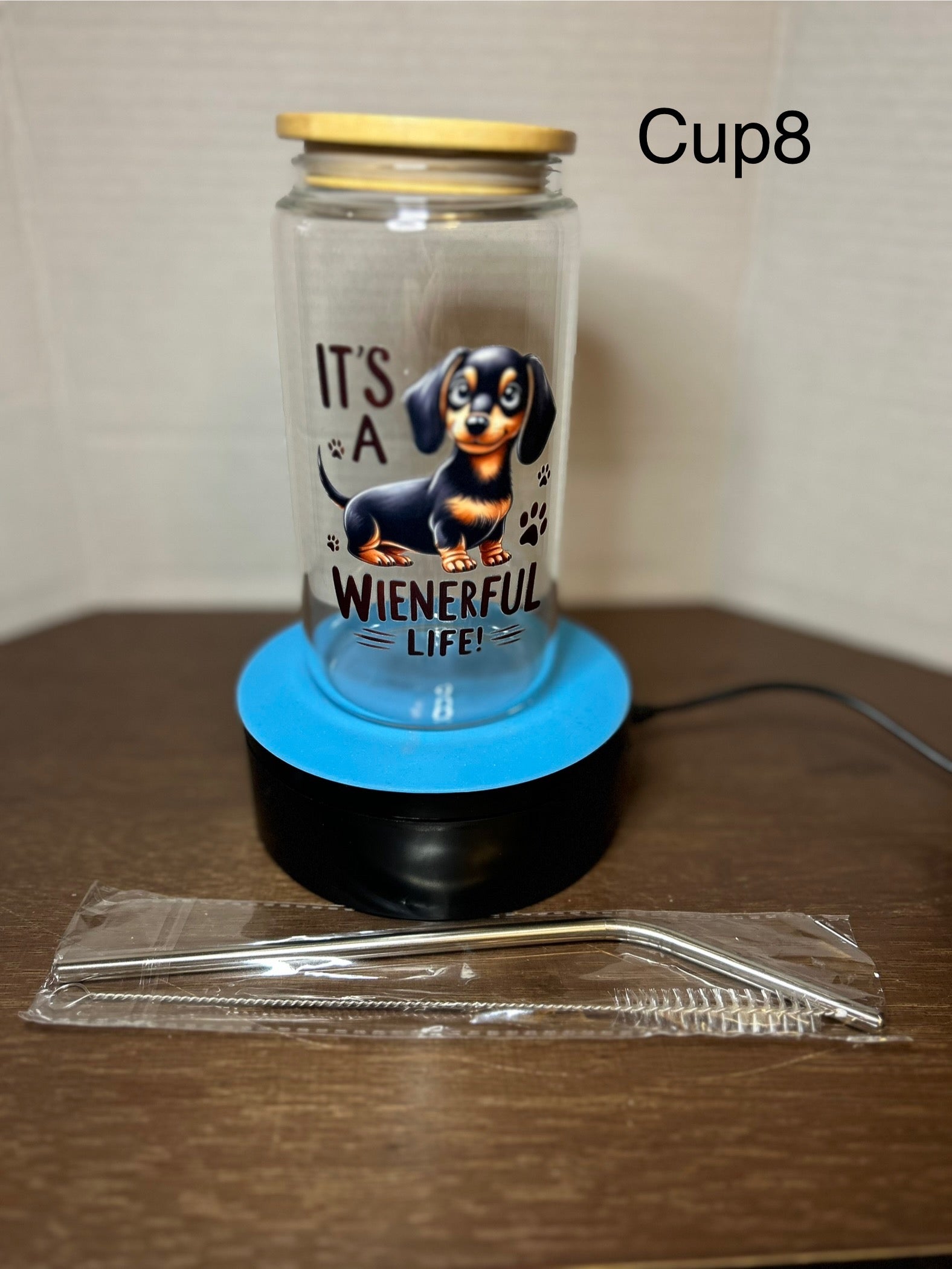 16 oz Glass Tumbler with a bamboo lid featuring a Beautiful Design, comes with metal straw and cleaning brush