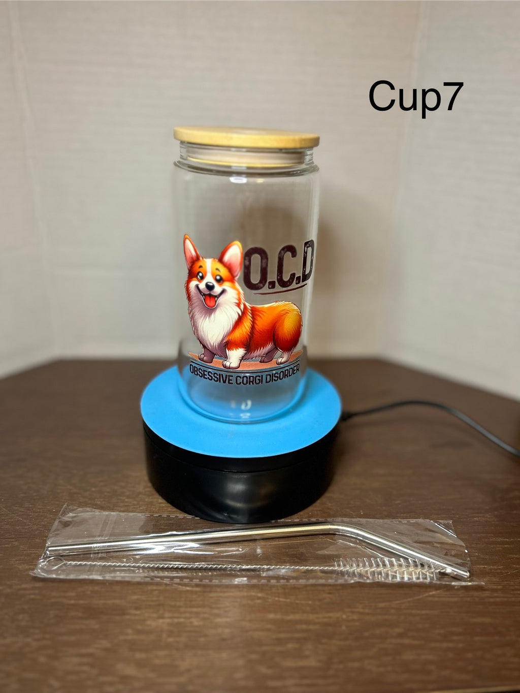 16 oz Glass Tumbler with a bamboo lid featuring a Beautiful Design, comes with metal straw and cleaning brush