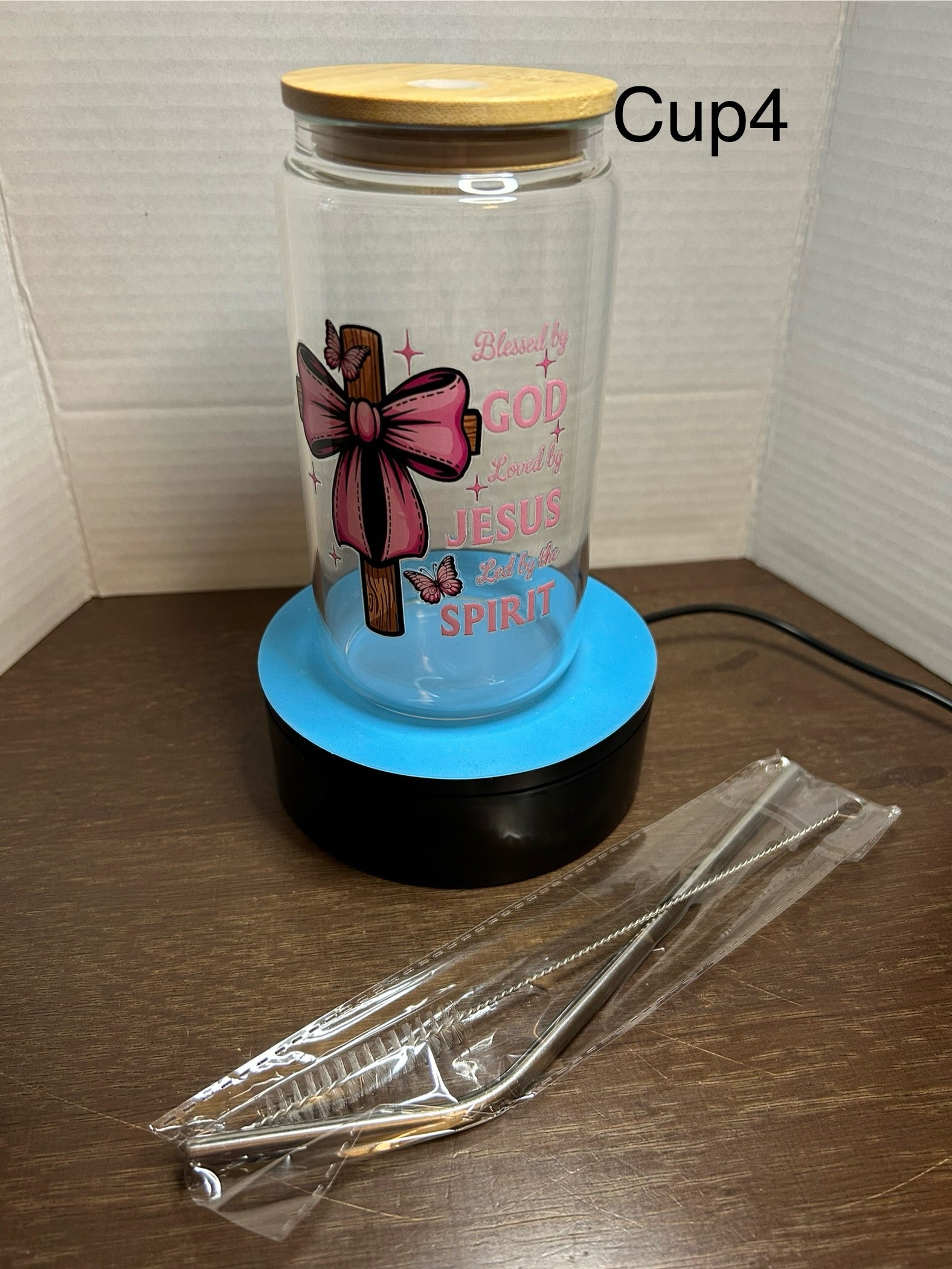 16 oz Glass Tumbler with a bamboo lid featuring a Beautiful Design, comes with metal straw and cleaning brush