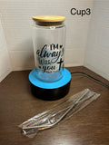 16 oz Glass Tumbler with a bamboo lid featuring a Beautiful Design, comes with metal straw and cleaning brush