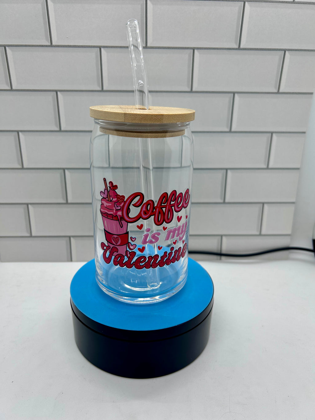 16 oz Glass Tumbler, Glass Straw featuring a Beautiful Valentines Day Design