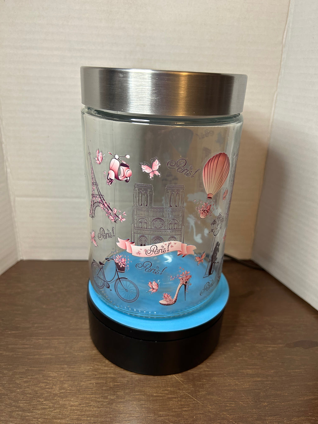 Bocal en verre avec couvercle en métal, orné d'un magnifique motif sur le thème de Paris, 1,1 litre