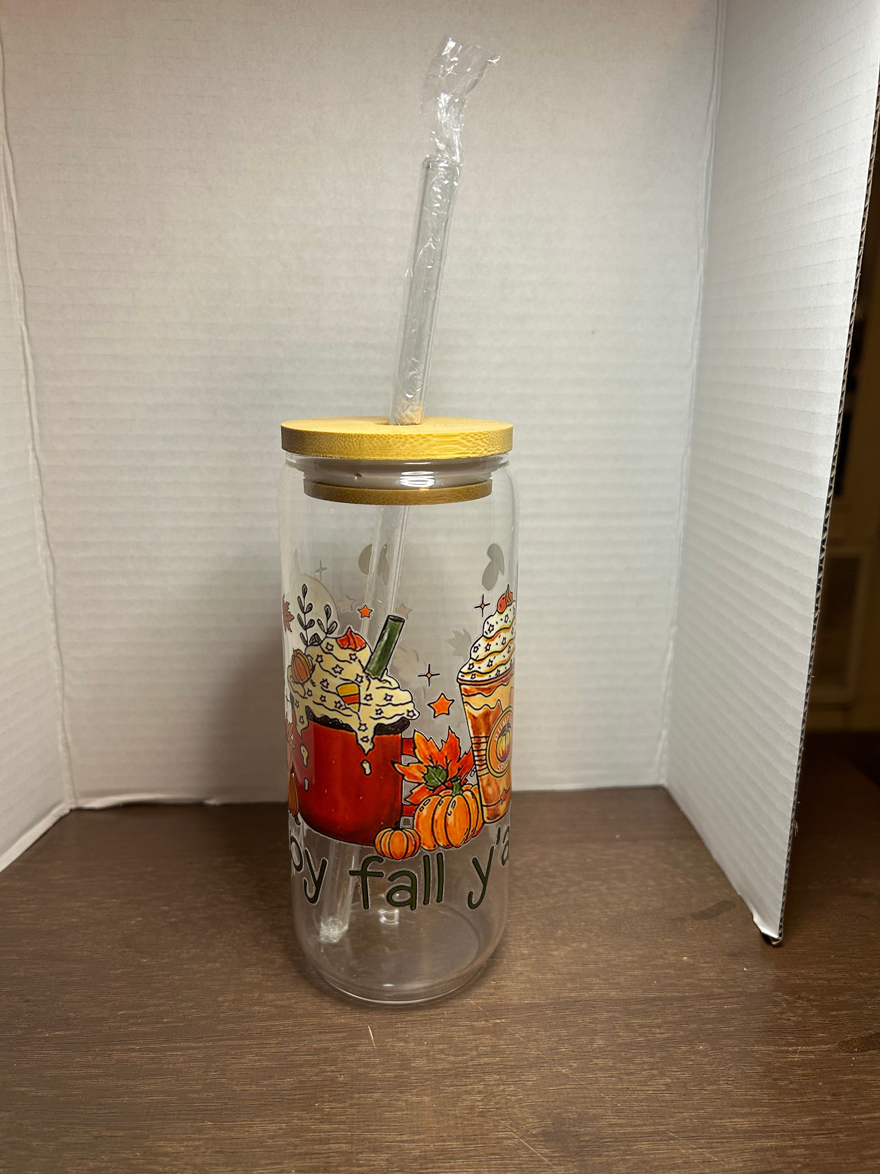 Gobelet en verre de 20 oz avec couvercle en bambou et paille en verre sur le thème de l'automne