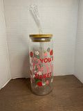 20 oz Glass Tumbler with Bamboo Lid and Glass Straw featuring a Strawberry Theme