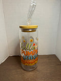 20 oz Glass Tumbler with Bamboo Lid and Glass Straw featuring a Fall Theme