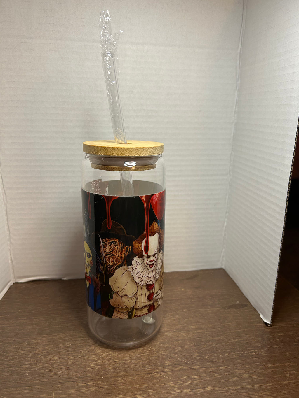 20 oz Glass Tumbler with Bamboo Lid and Glass Straw featuring a Scary Halloween Theme