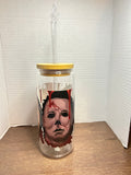 20 oz Glass Tumbler with Bamboo Lid and Glass Straw featuring a Scary Halloween Theme