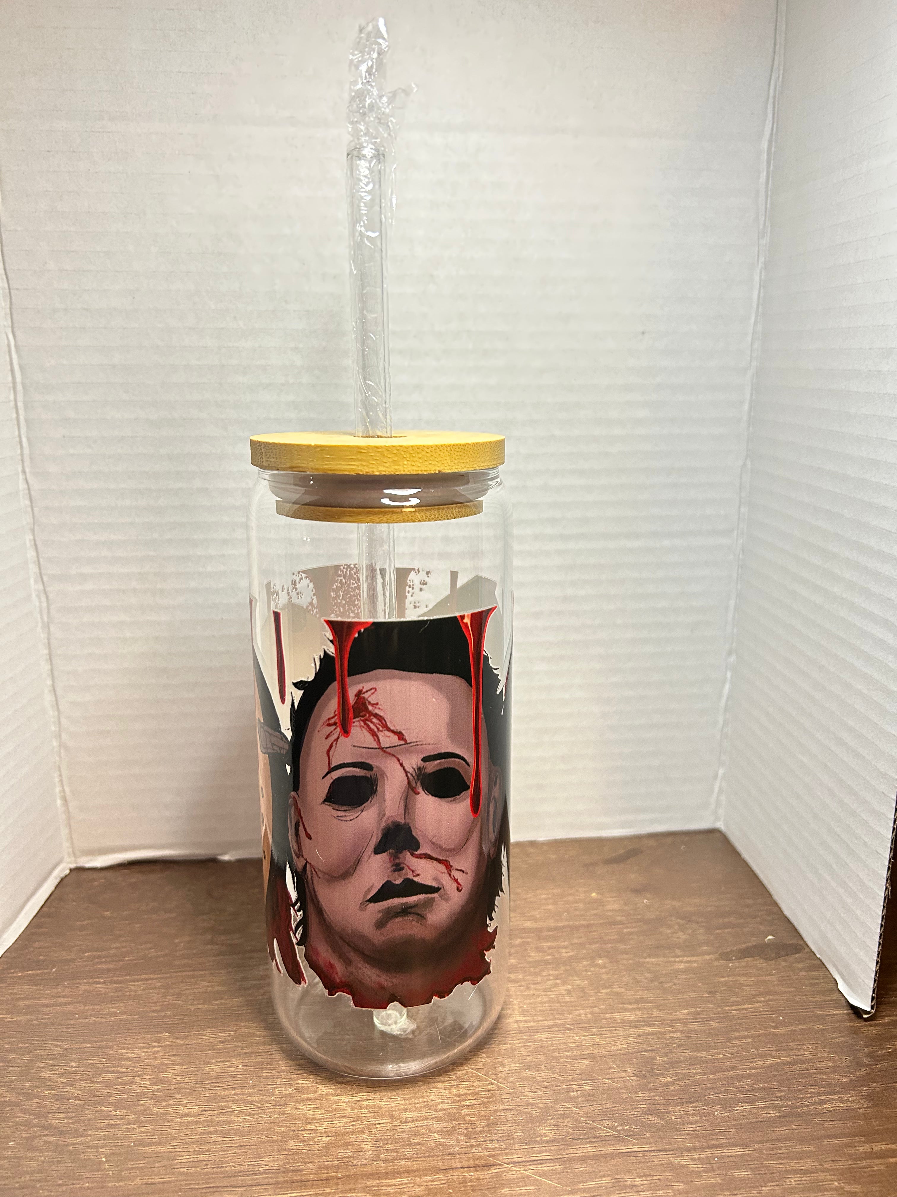 20 oz Glass Tumbler with Bamboo Lid and Glass Straw featuring a Scary Halloween Theme