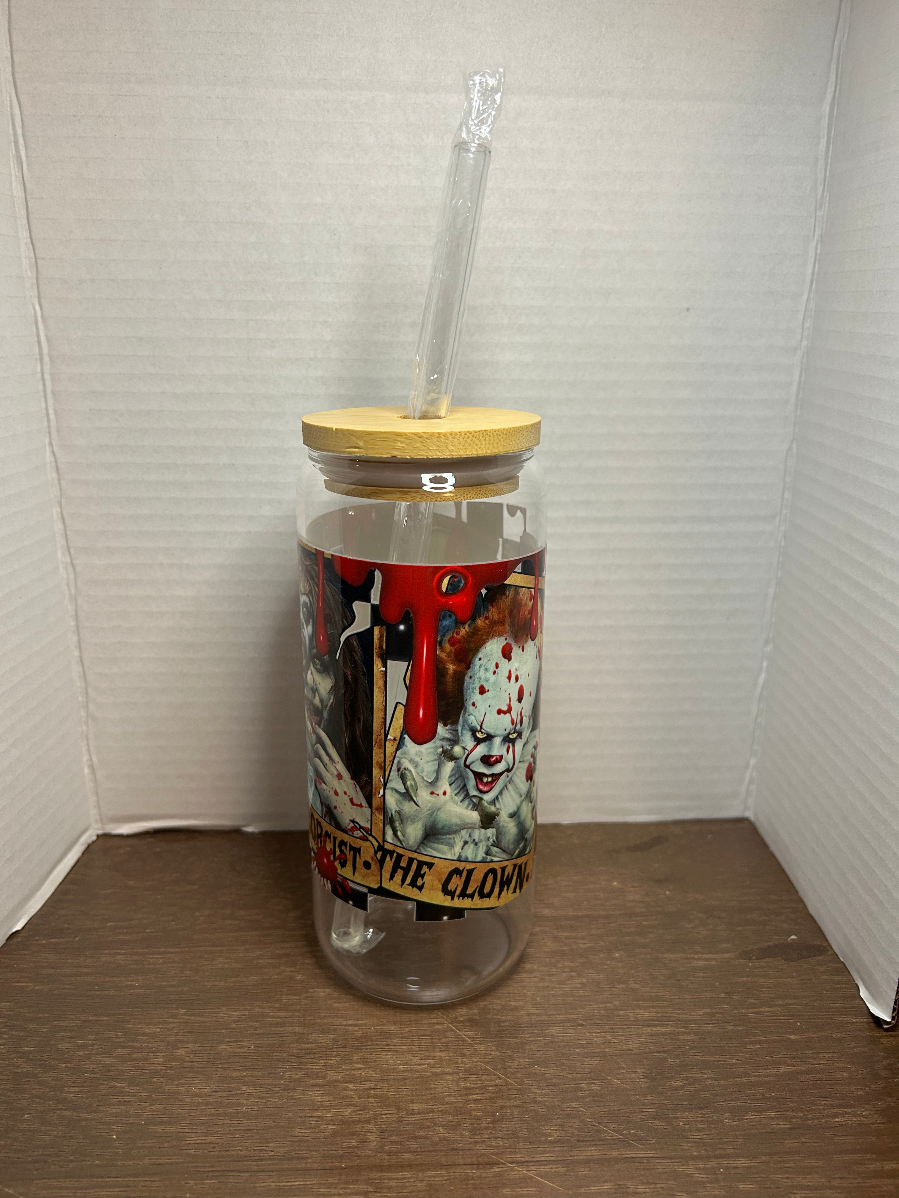 20 oz Glass Tumbler with Bamboo Lid and Glass Straw featuring a Scary Halloween Theme