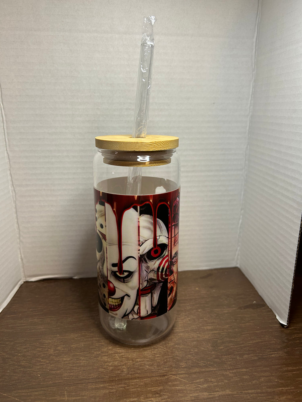 20 oz Glass Tumbler with Bamboo Lid and Glass Straw featuring a Scary Halloween Theme