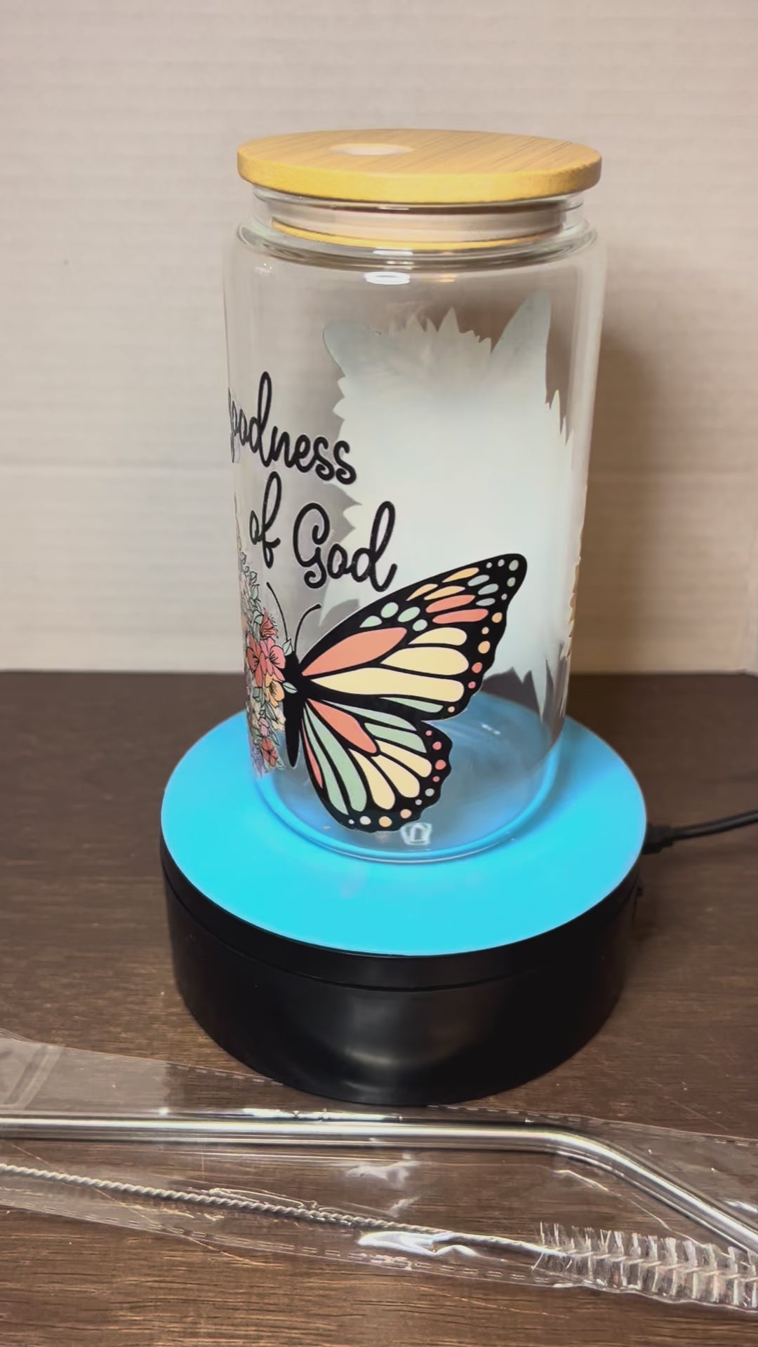 16 oz Glass Tumbler with a bamboo lid featuring a Beautiful Design, comes with metal straw and cleaning brush
