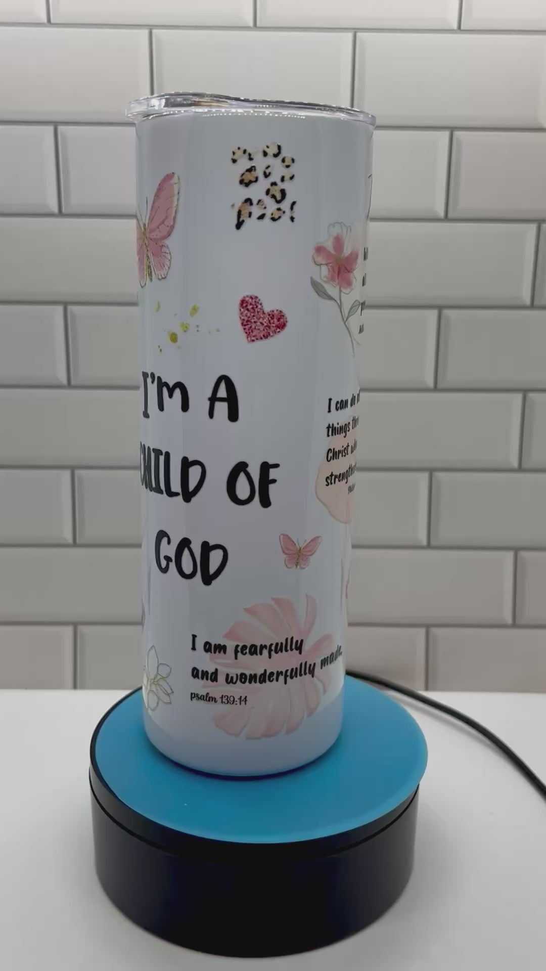 20 ounce Skinny Metal Tumbler With Metal Straw Featuring A Beautiful Inspirational Theme Design