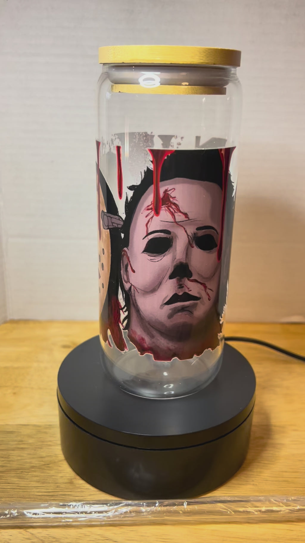 20 oz Glass Tumbler with Bamboo Lid and Glass Straw featuring a Scary Halloween Theme