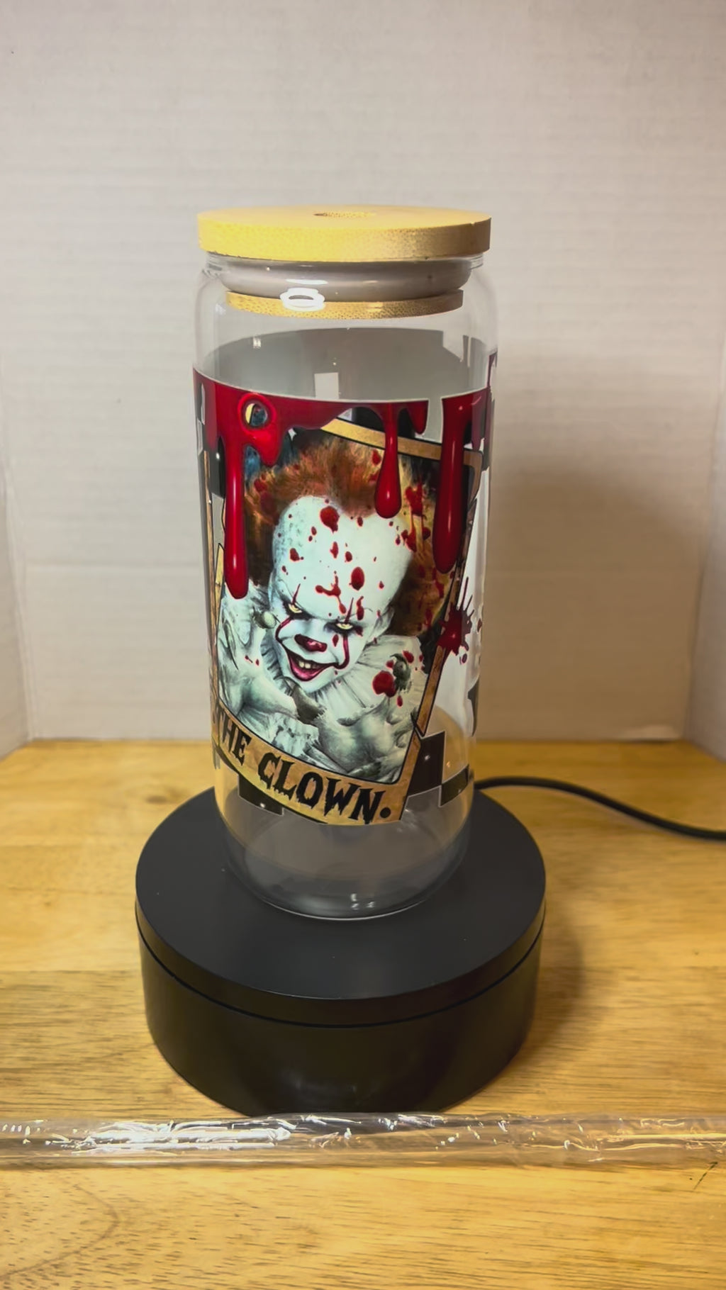 20 oz Glass Tumbler with Bamboo Lid and Glass Straw featuring a Scary Halloween Theme