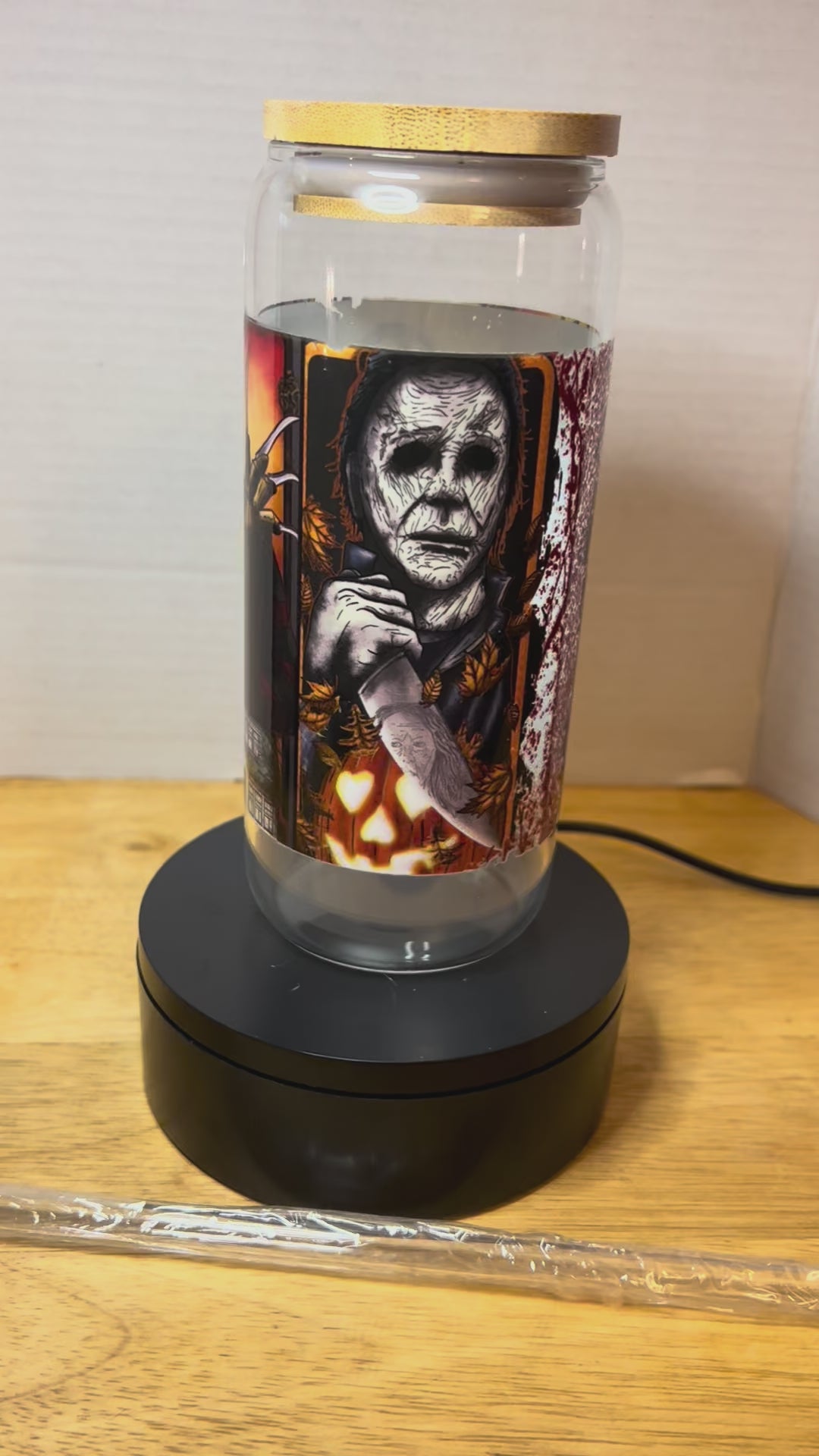 20 oz Glass Tumbler with Bamboo Lid and Glass Straw featuring a Scary Halloween Theme