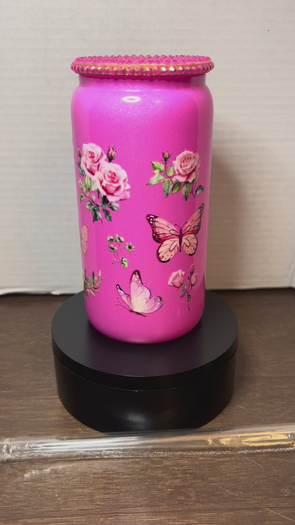 16 oz Pink Glass Tumbler with Matching Bling lid featuring a Beautiful Roses and Butterfly Design, comes with Plastic Straw