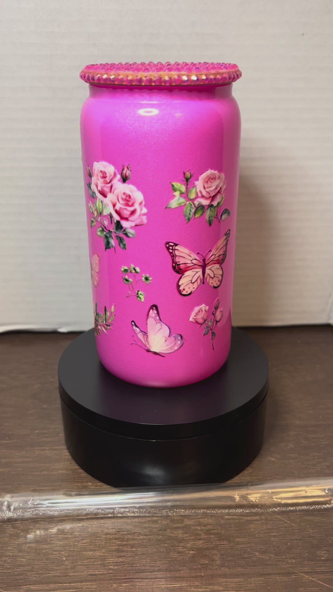 16 oz Pink Glass Tumbler with Matching Bling lid featuring a Beautiful Roses and Butterfly Design, comes with Plastic Straw