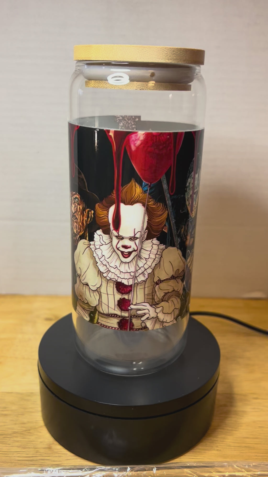 20 oz Glass Tumbler with Bamboo Lid and Glass Straw featuring a Scary Halloween Theme