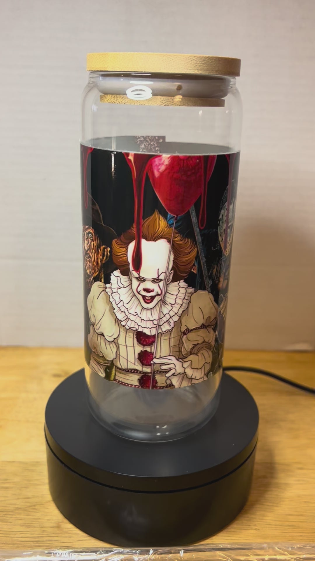 20 oz Glass Tumbler with Bamboo Lid and Glass Straw featuring a Scary Halloween Theme