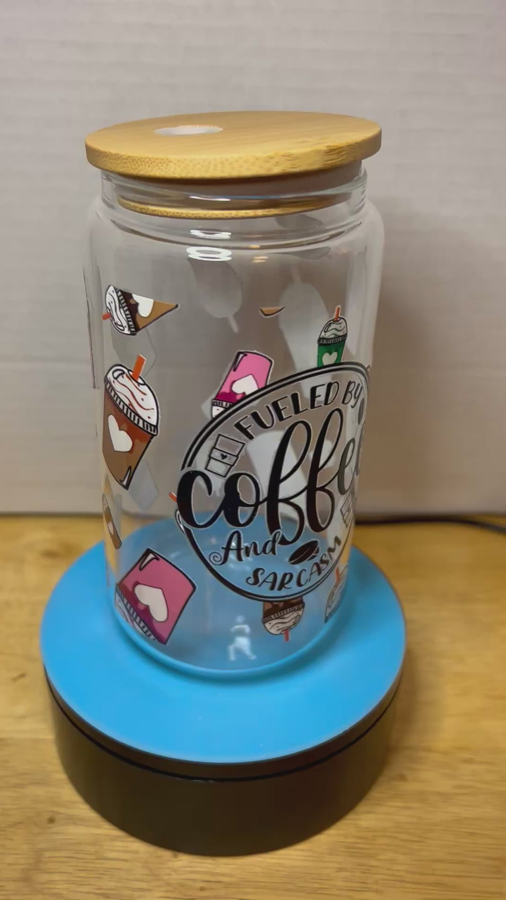 16 oz Glass Tumbler with a bamboo lid featuring a Beautiful Design, comes with metal straw and cleaning brush