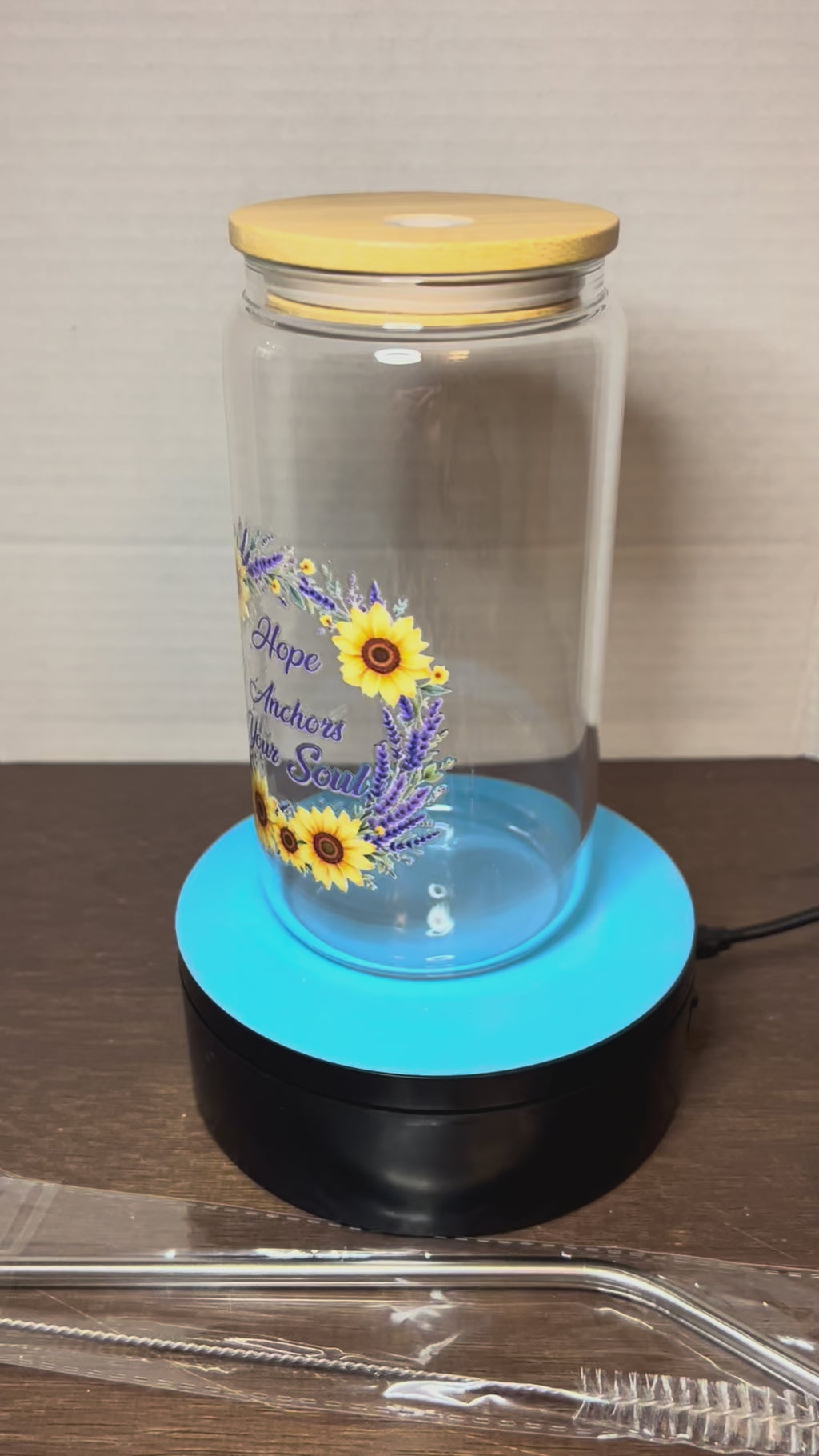16 oz Glass Tumbler with a bamboo lid featuring a Beautiful Design, comes with metal straw and cleaning brush