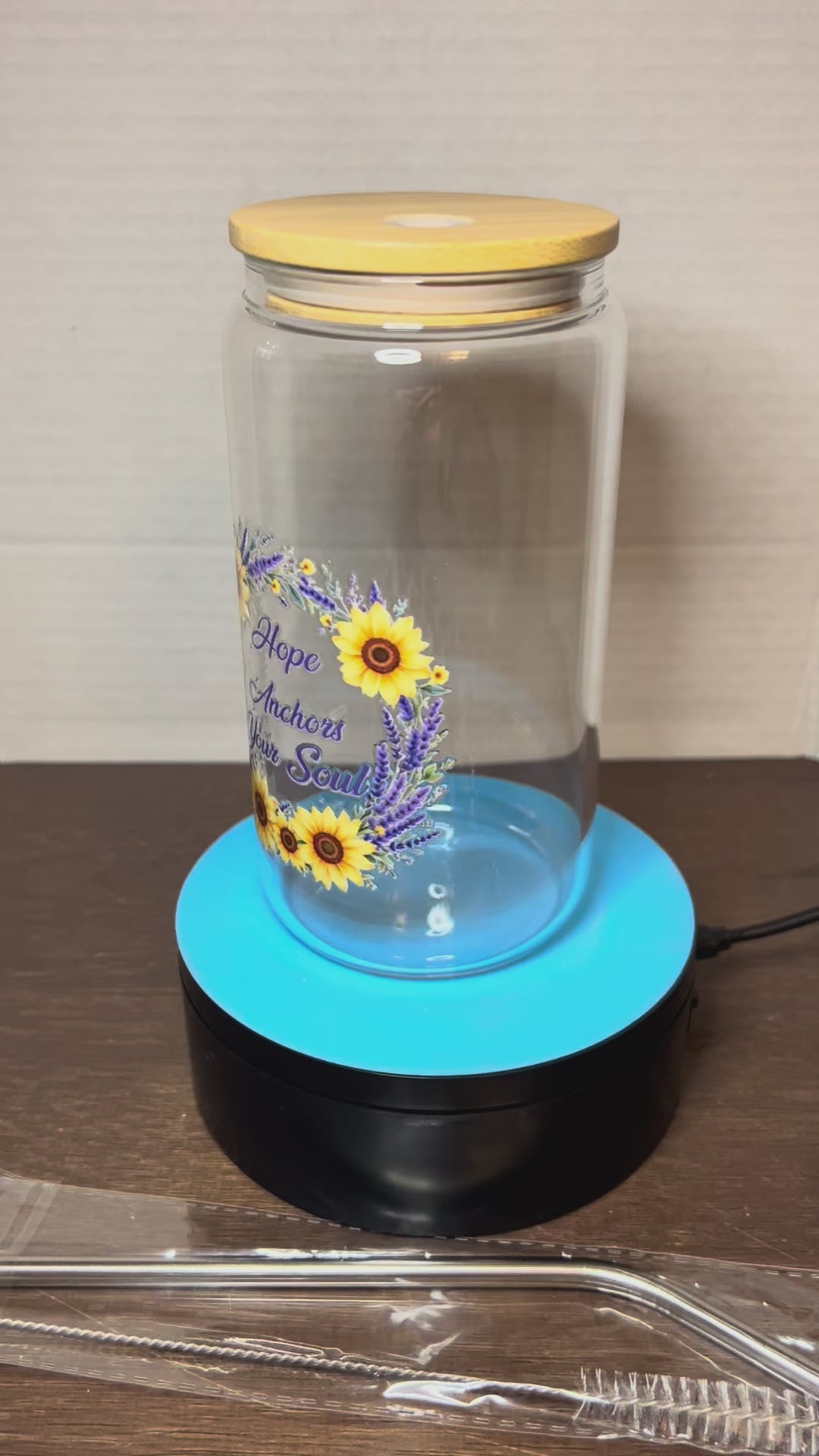 16 oz Glass Tumbler with a bamboo lid featuring a Beautiful Design, comes with metal straw and cleaning brush