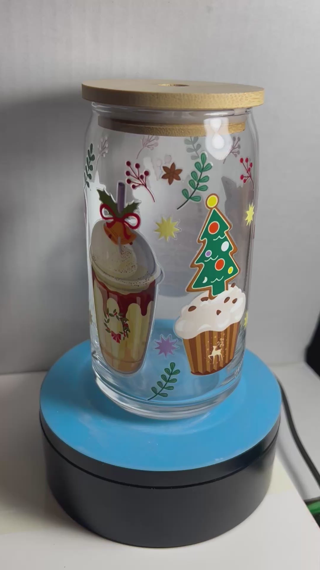 16 oz Glass Tumbler, Glass Straw featuring a Beautiful Christmas Design