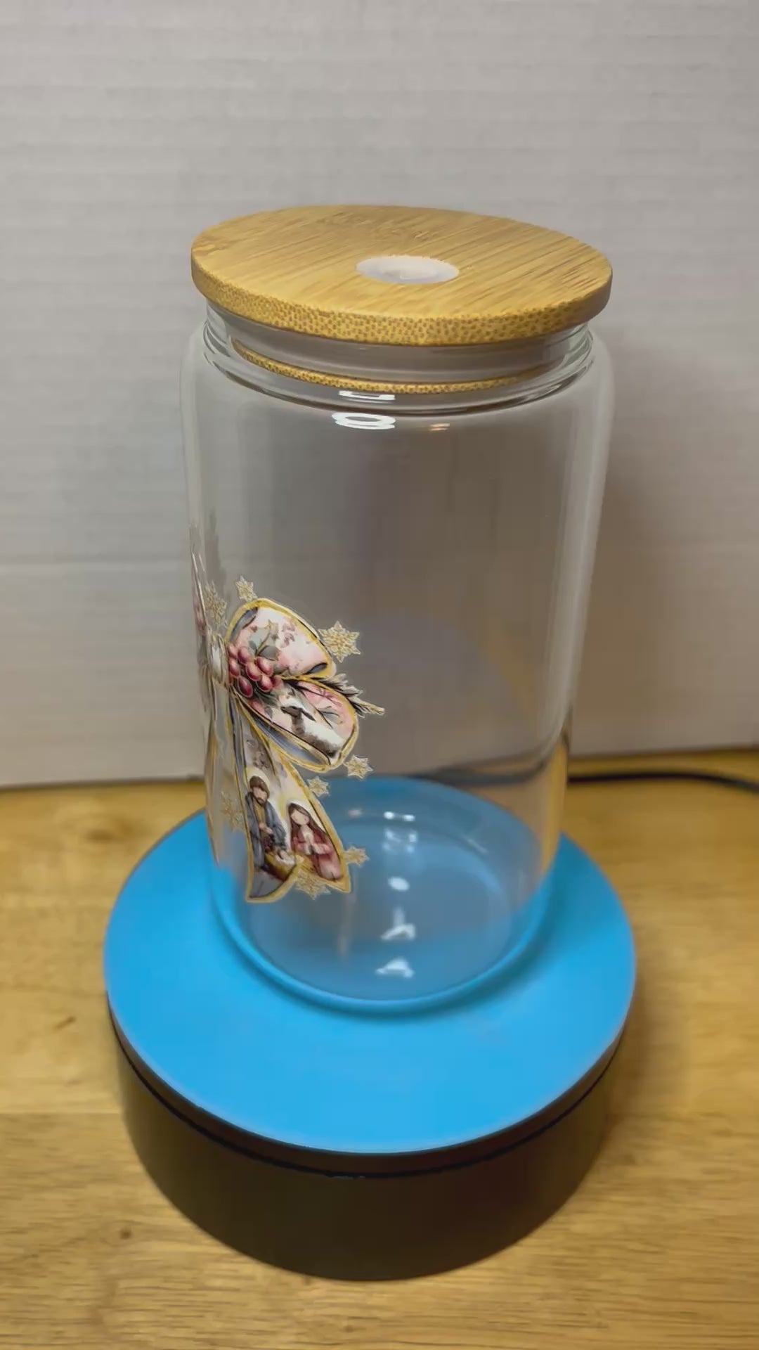 16 oz Glass Tumbler with a bamboo lid featuring a Beautiful Design, comes with metal straw and cleaning brush