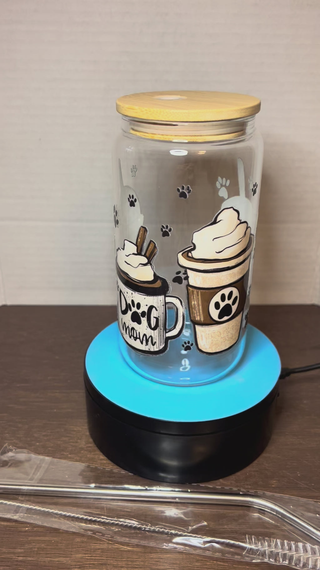 16 oz Glass Tumbler with a bamboo lid featuring a Beautiful Design, comes with metal straw and cleaning brush