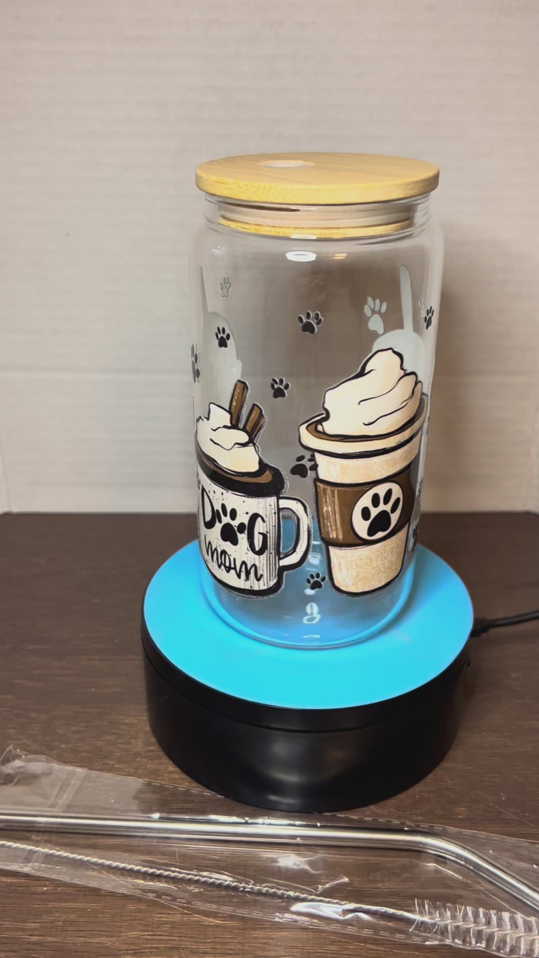 16 oz Glass Tumbler with a bamboo lid featuring a Beautiful Design, comes with metal straw and cleaning brush
