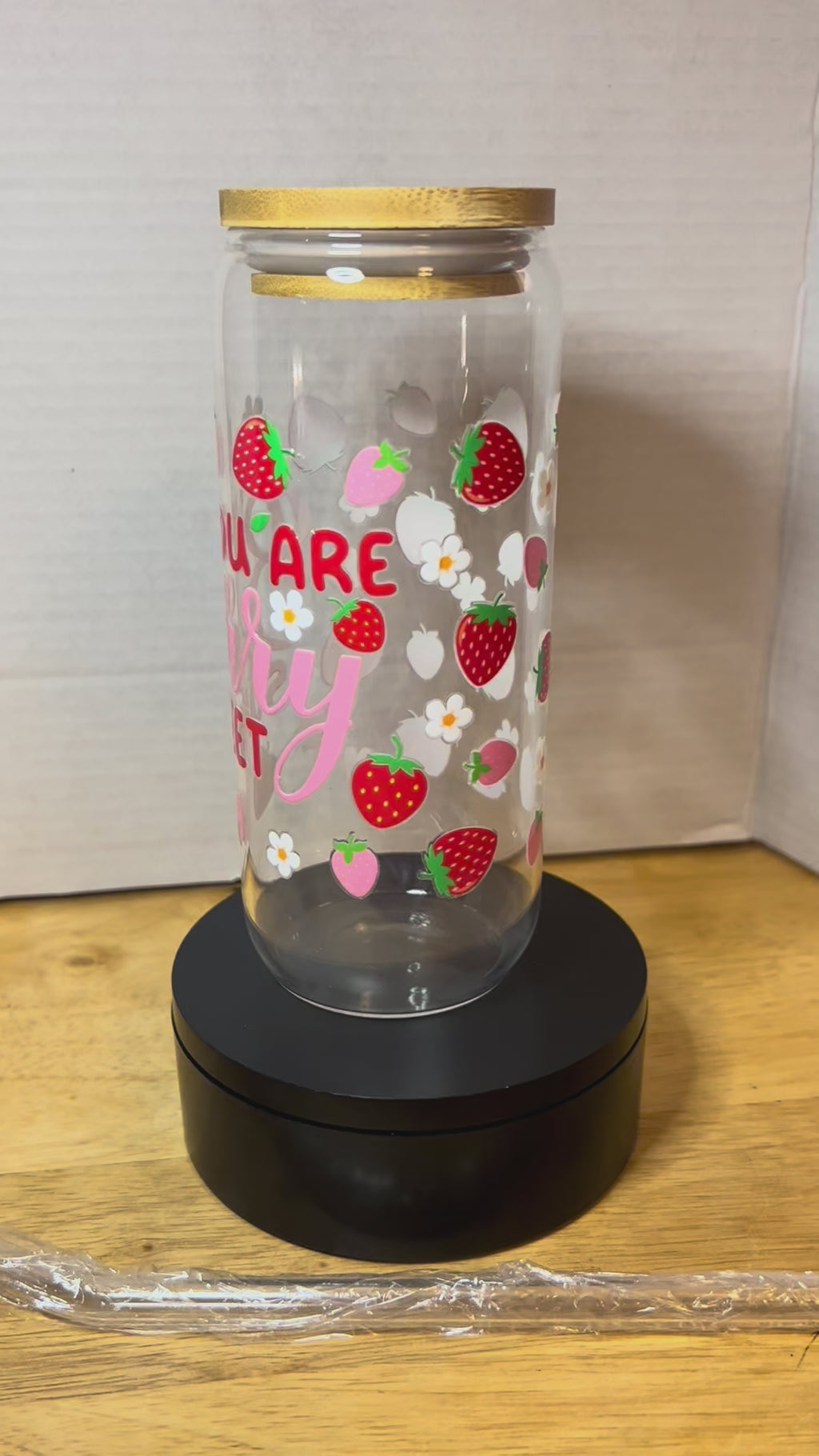 20 oz Glass Tumbler with Bamboo Lid and Glass Straw featuring a Strawberry Theme