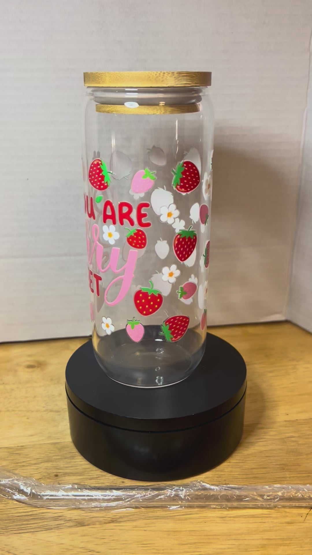 20 oz Glass Tumbler with Bamboo Lid and Glass Straw featuring a Strawberry Theme