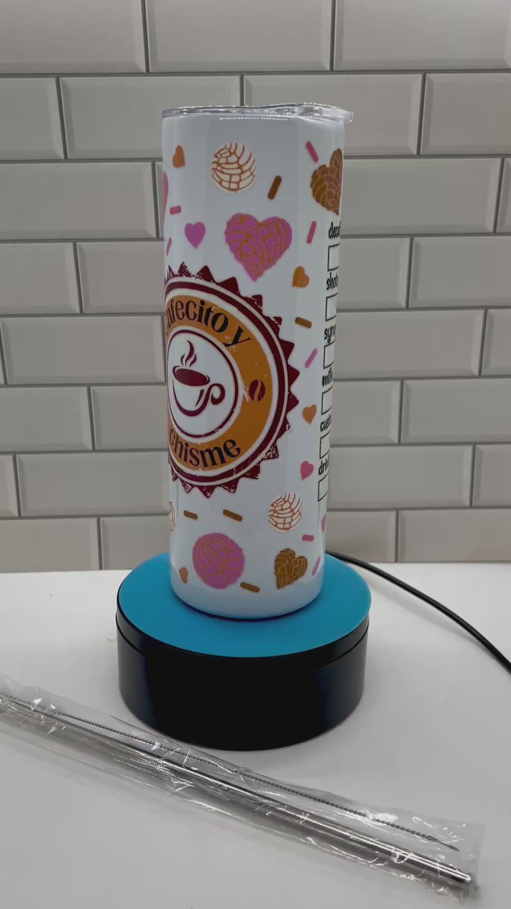 20 ounce Skinny Metal Tumbler With Metal Straw Featuring A Beautiful Coffee Theme Design