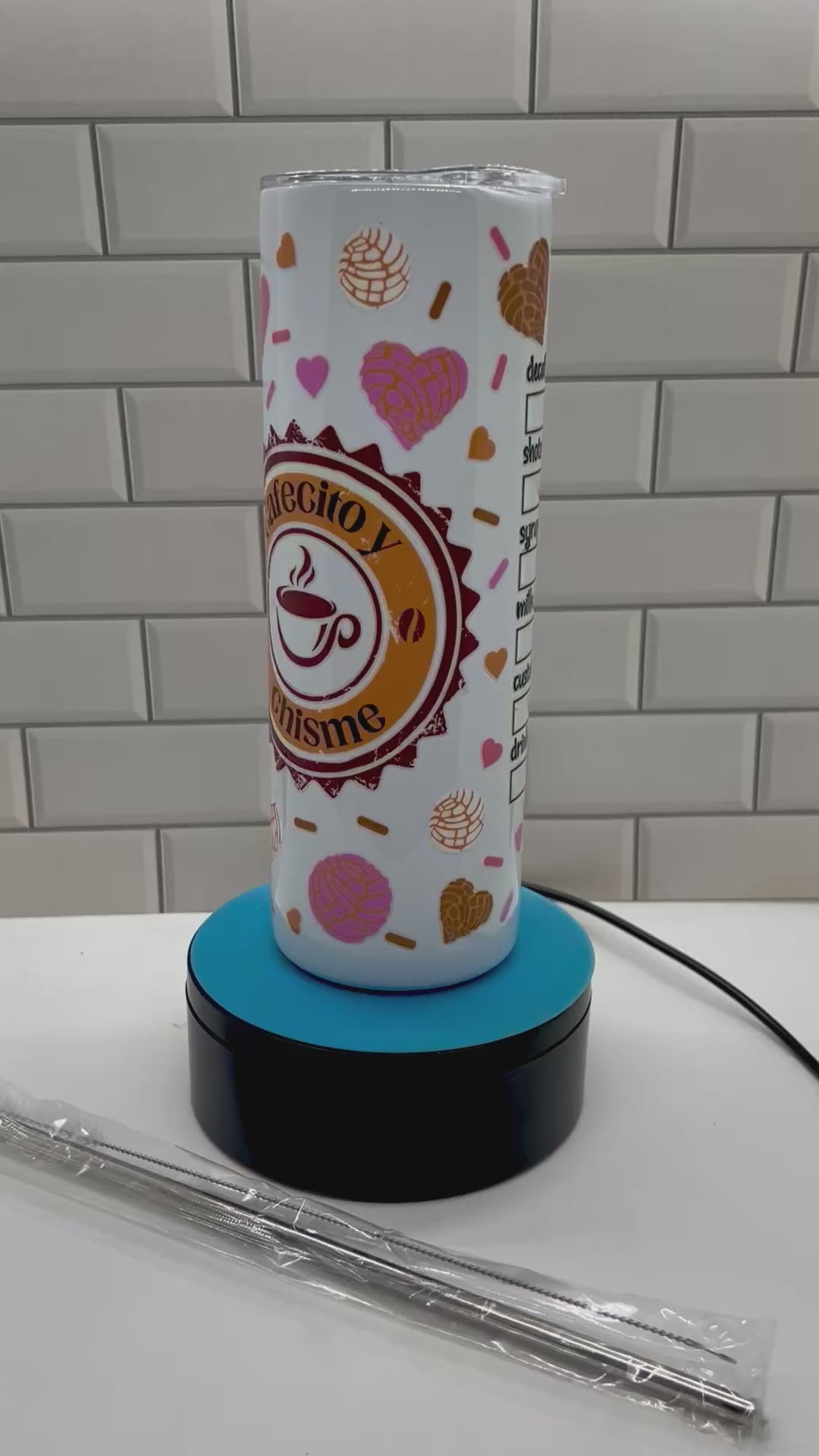20 ounce Skinny Metal Tumbler With Metal Straw Featuring A Beautiful Coffee Theme Design