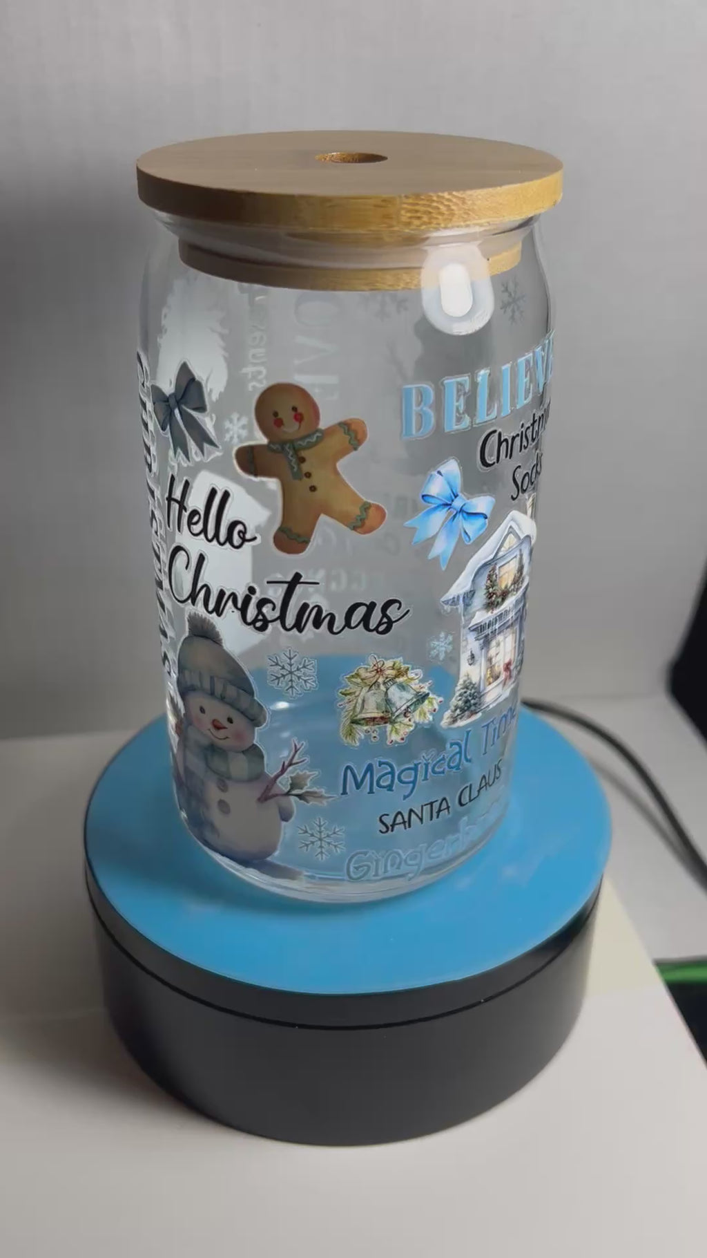 Gobelet en verre de 47 cl, paille en verre avec un magnifique motif de Noël