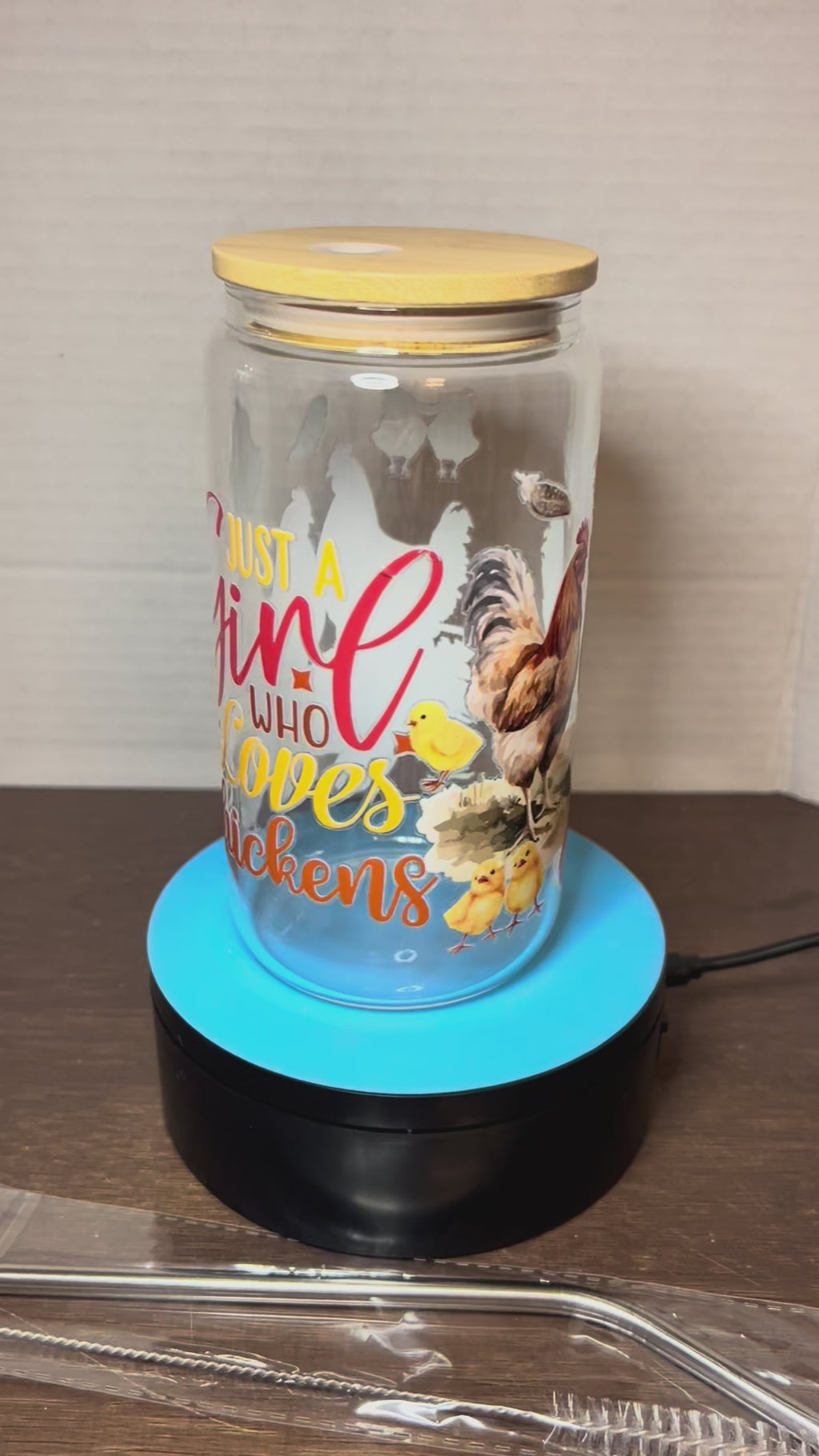 16 oz Glass Tumbler with a bamboo lid featuring a Beautiful Design, comes with metal straw and cleaning brush