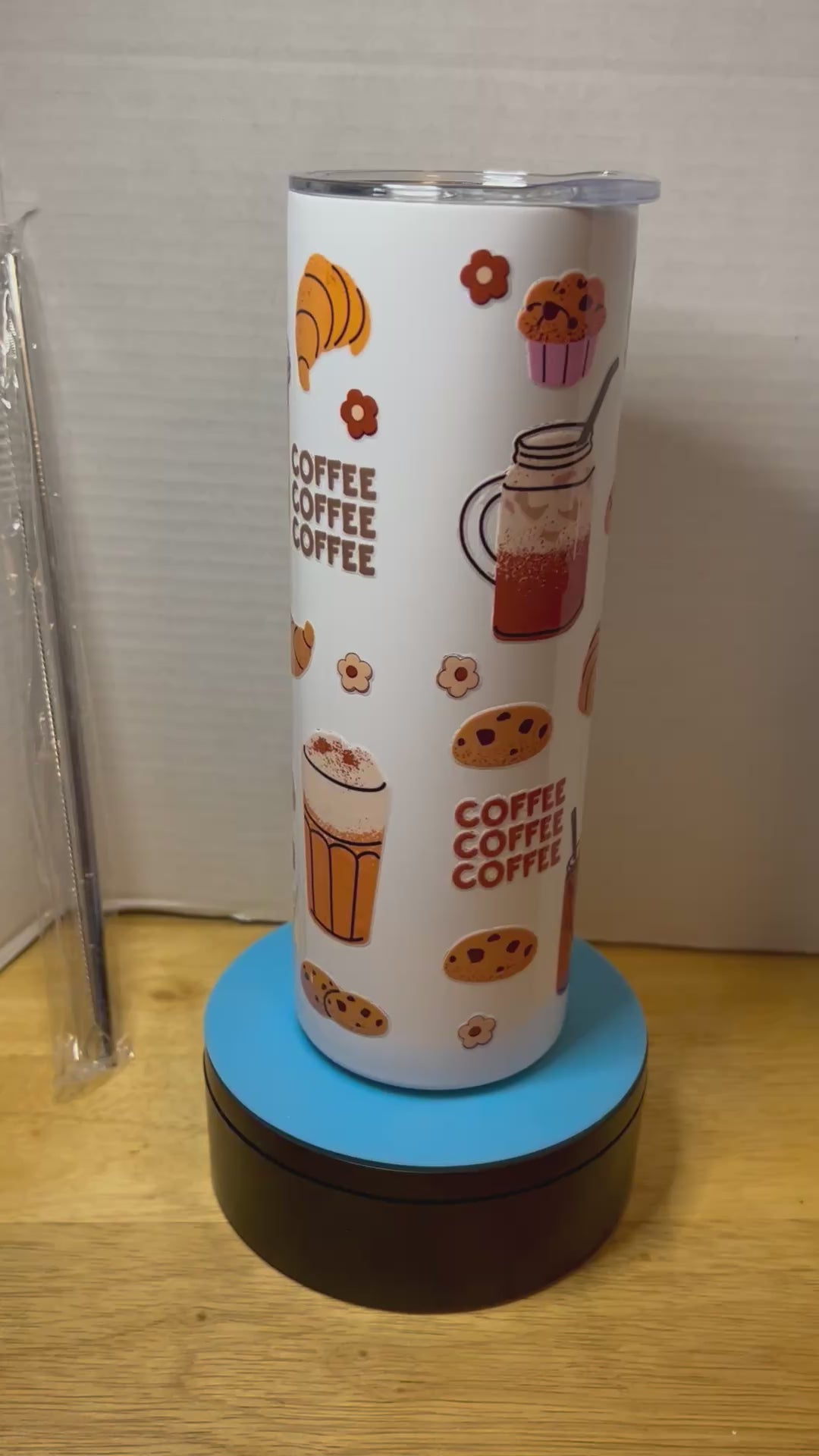 20 ounce Skinny Metal Tumbler With Metal Straw Featuring A Beautiful Coffee Inspired Design