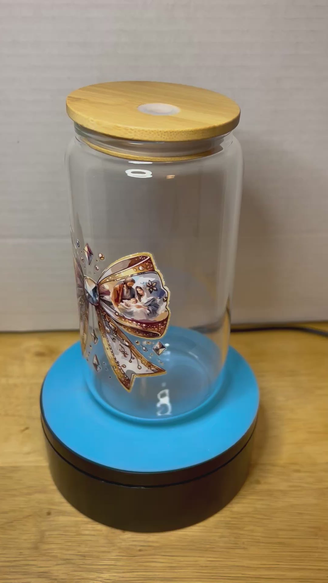16 oz Glass Tumbler with a bamboo lid featuring a Beautiful Design, comes with metal straw and cleaning brush
