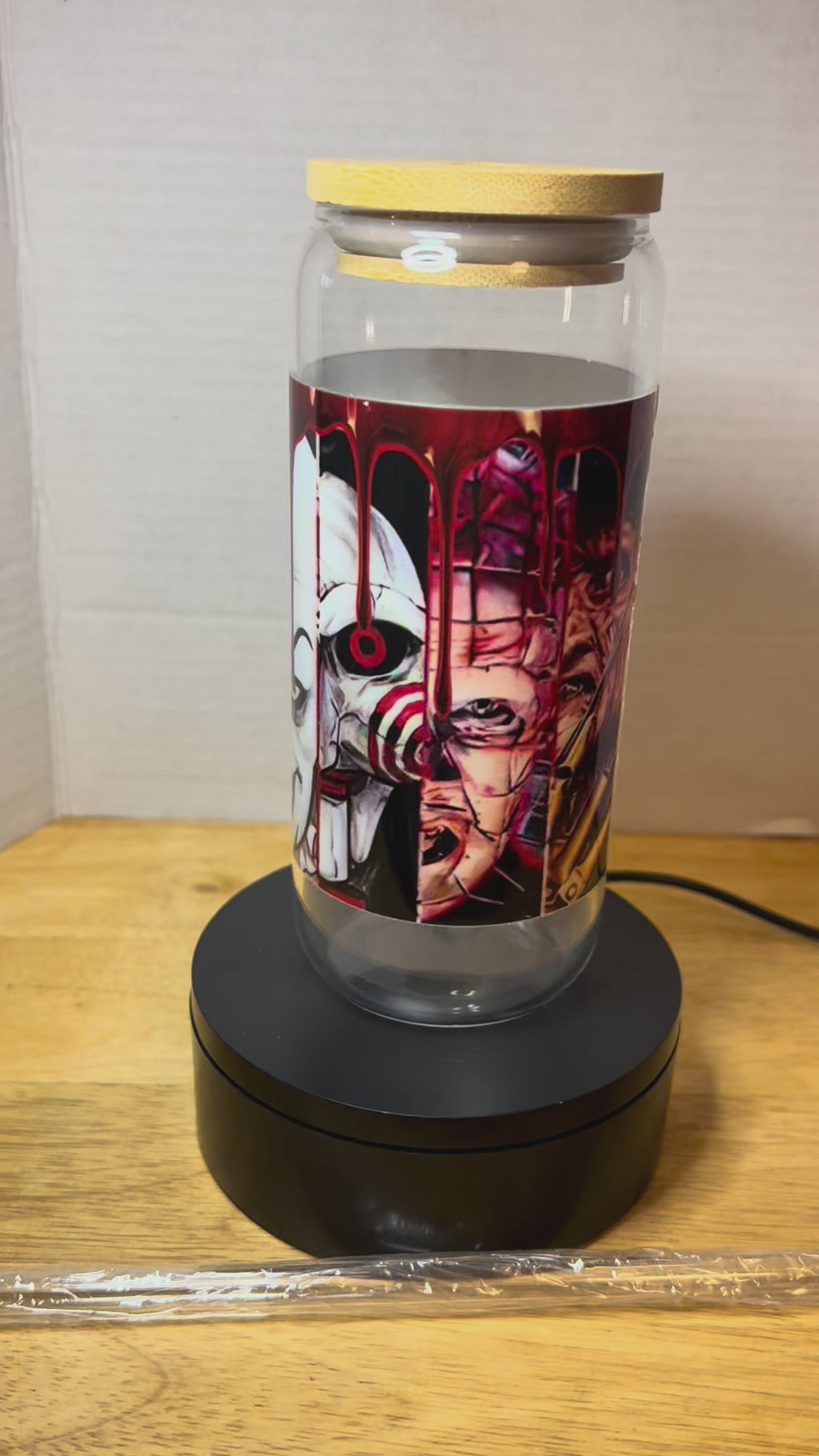 20 oz Glass Tumbler with Bamboo Lid and Glass Straw featuring a Scary Halloween Theme