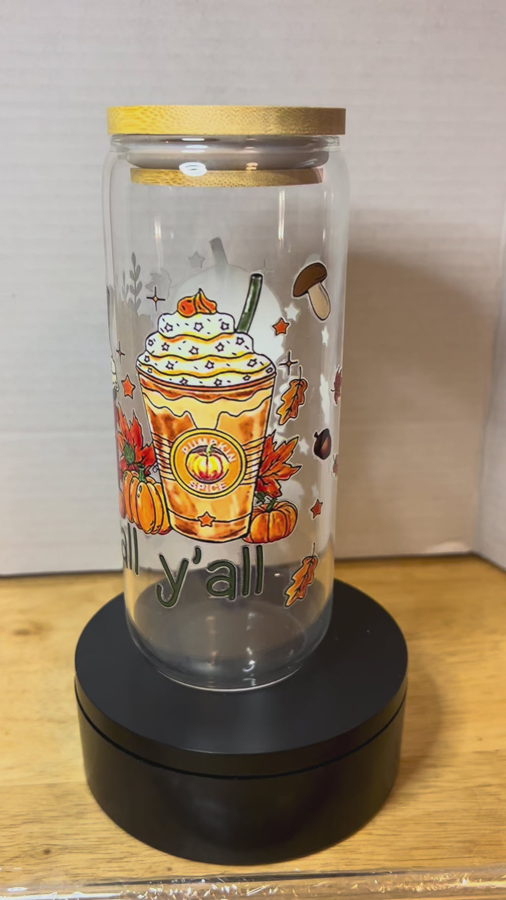 Gobelet en verre de 20 oz avec couvercle en bambou et paille en verre sur le thème de l'automne