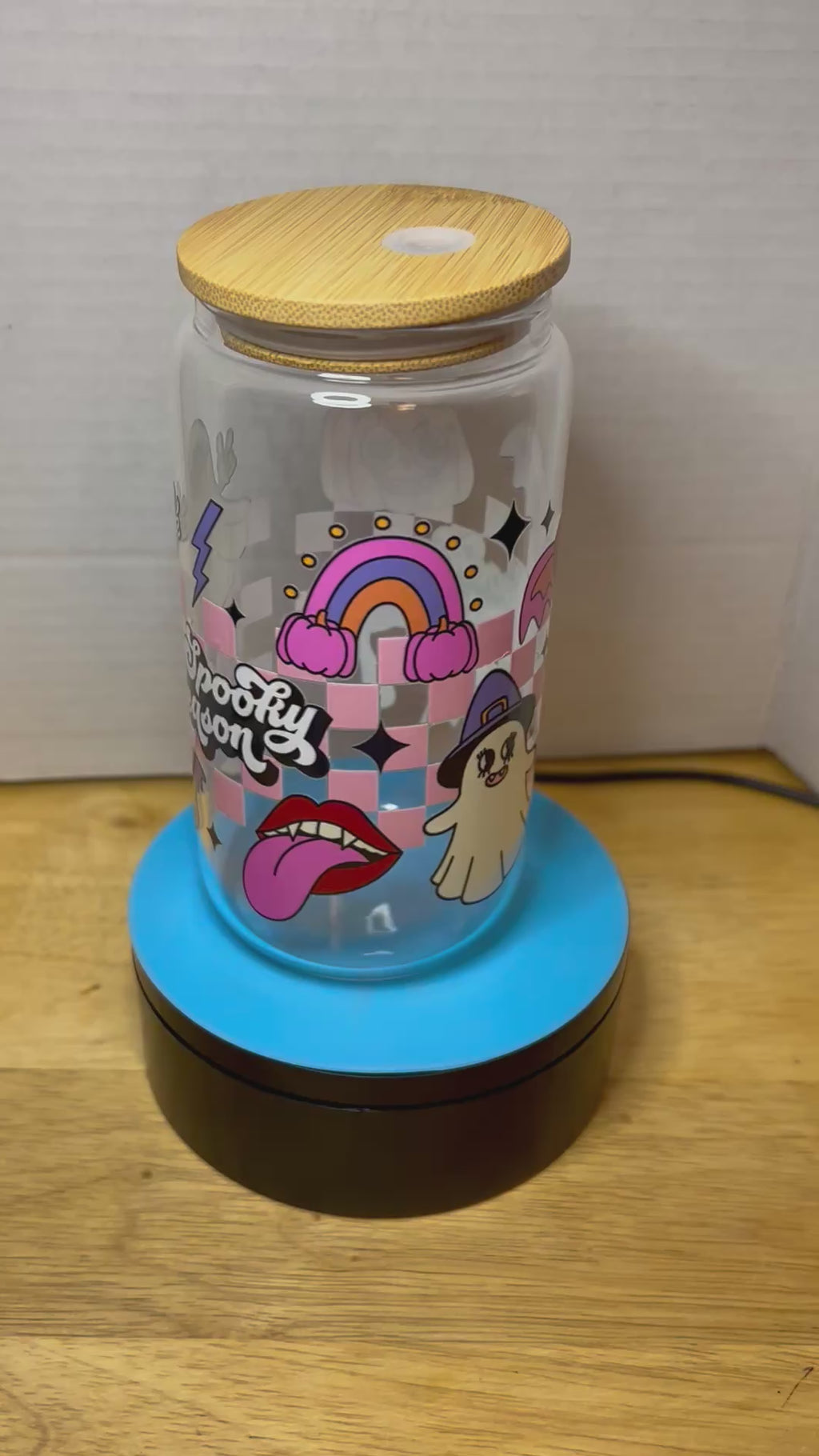 16 oz Glass Tumbler with a bamboo lid featuring a Beautiful Design, comes with metal straw and cleaning brush