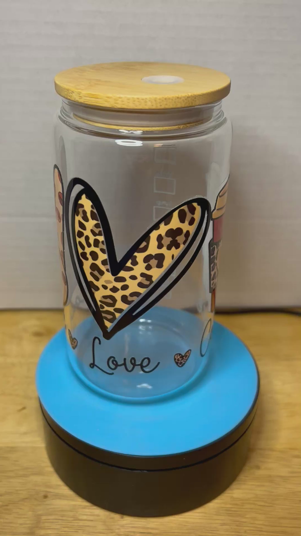 16 oz Glass Tumbler with a bamboo lid featuring a Beautiful Design, comes with metal straw and cleaning brush
