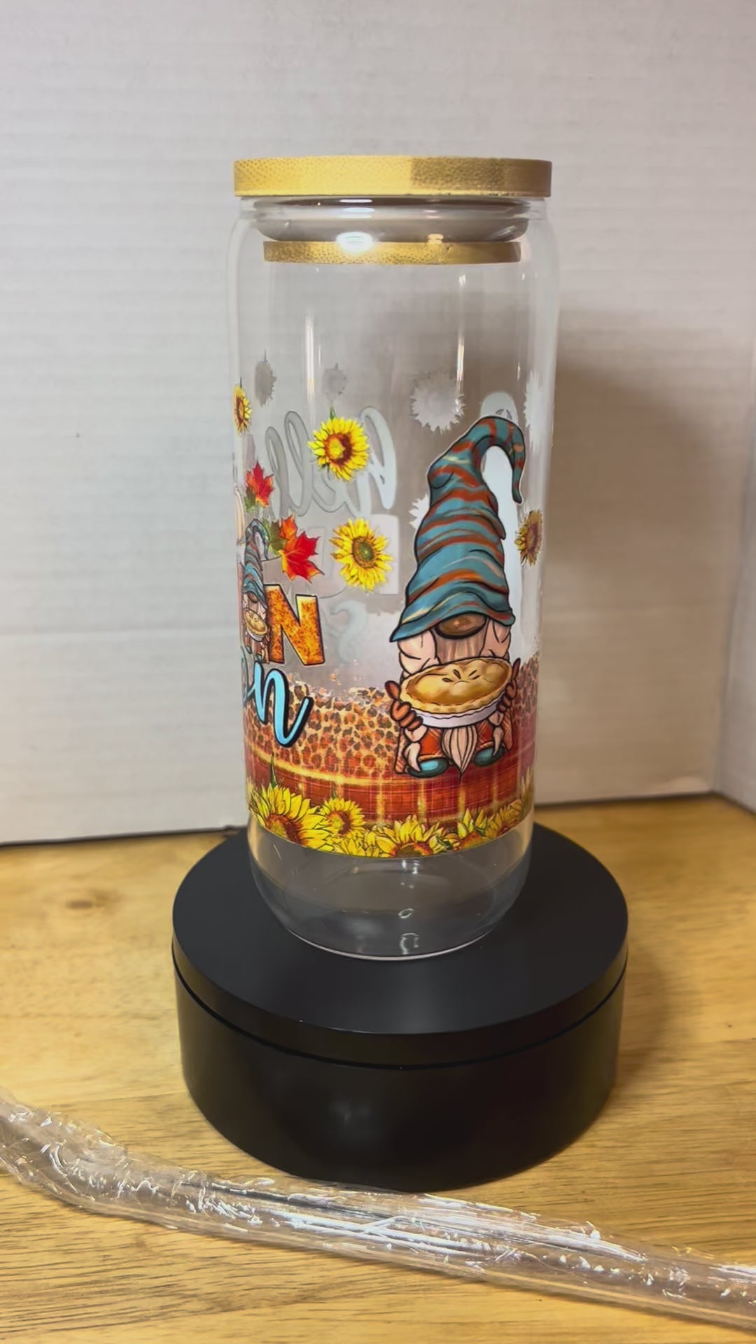 20 oz Glass Tumbler with Bamboo Lid and Glass Straw featuring a Fall Theme